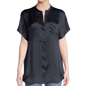 VINCE Dark Blue Silk Popover Short Sleeve Top S